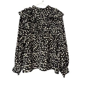 Do & Be Black White Dalmatian Print Ruffle High Neck‎ Button Back Blouse Top M